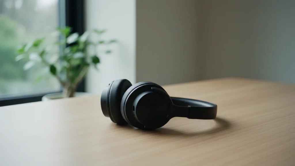 Fones de ouvido pretos sobre mesa de madeira limpa perto da janela com planta ao fundo