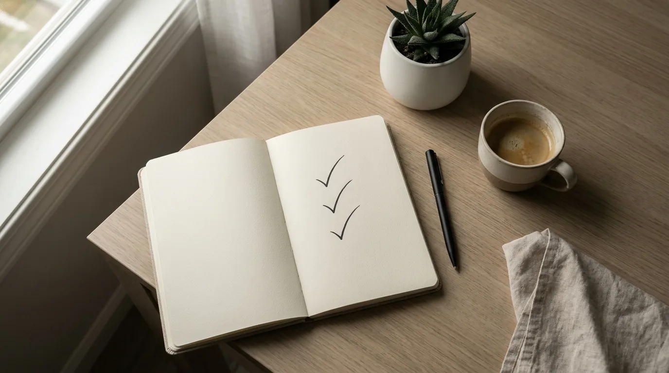 Caderno aberto com três marcações de prioridade sobre mesa de madeira ao lado de café e planta