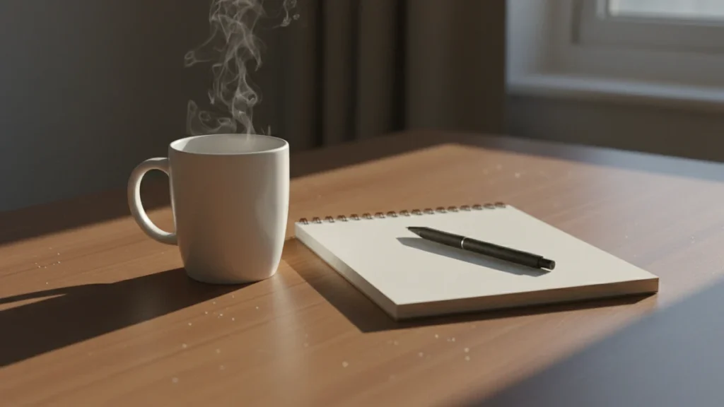 Xícara de café e caderno em branco aberto com caneta sobre mesa de madeira em home office