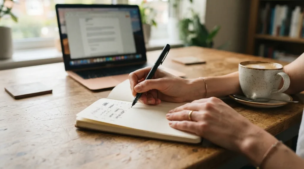 Mãos escrevendo uma lista de tarefas em caderno sobre mesa de madeira com caneta, café e laptop