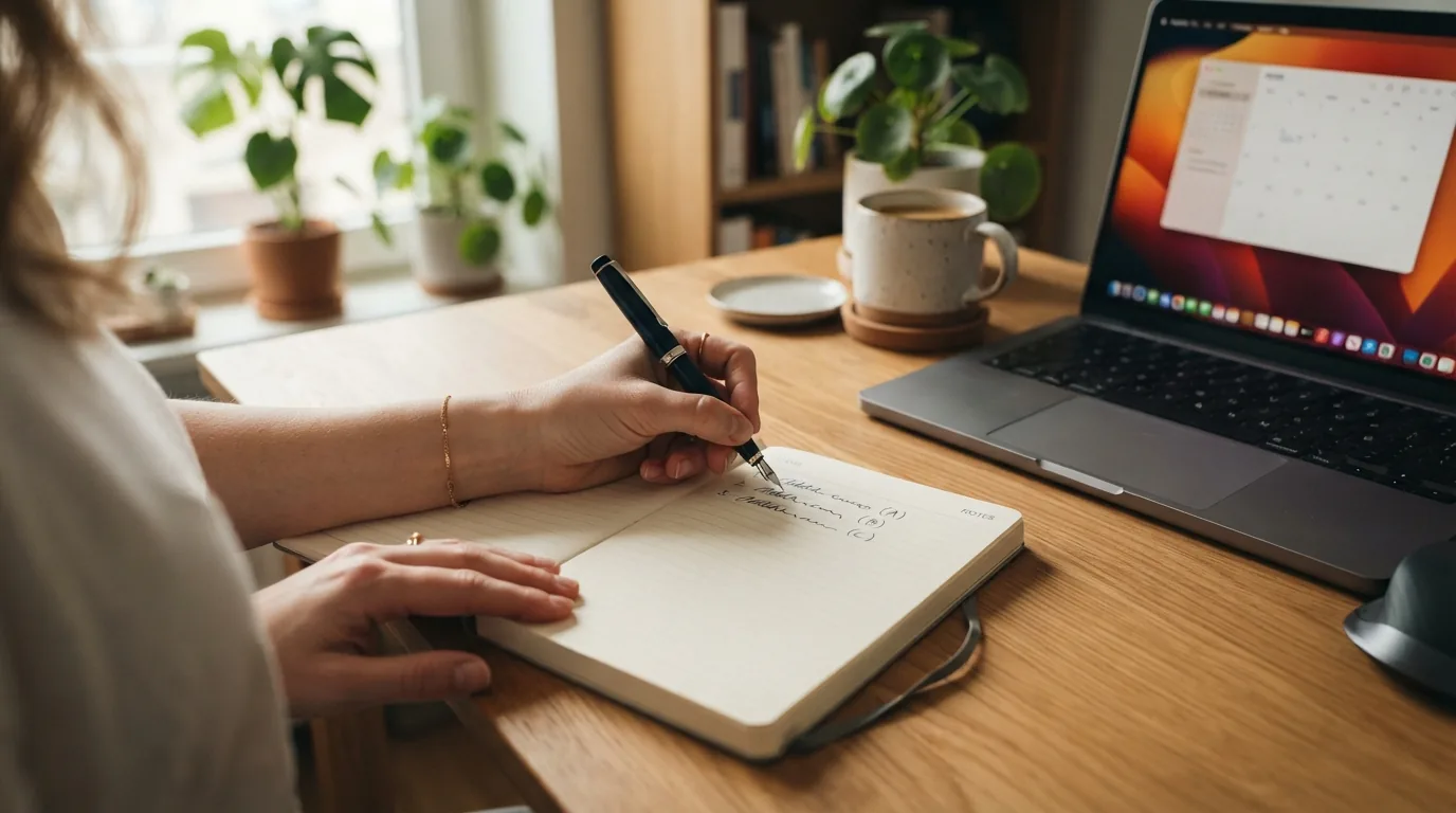 Mãos escrevendo lista de prioridades em caderno ao lado de laptop e café em home office
