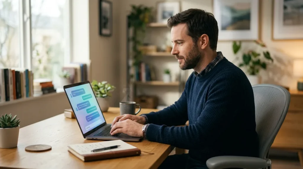 Homem usando o ChatGPT no trabalho, digitando no laptop com a conversa de inteligência artificial na tela