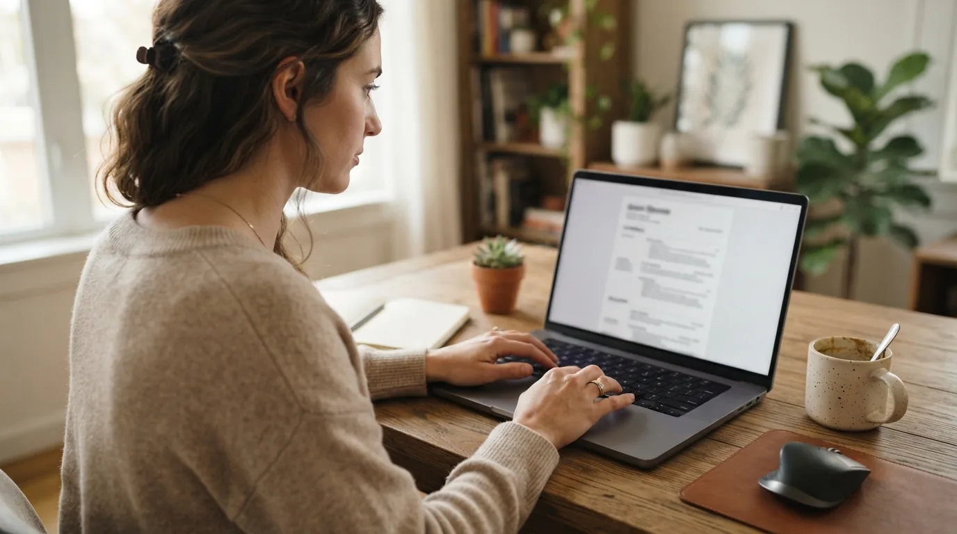 Jovem atualizando o currículo no laptop, visão sobre o ombro em mesa de home office