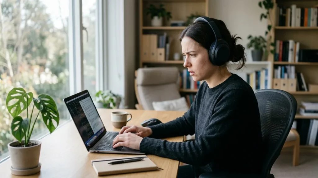 Pessoa em concentracao profunda trabalhando no notebook com fones, sem distracoes