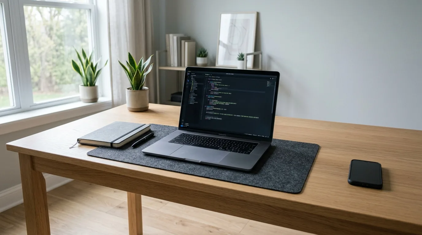 Mesa de trabalho preparada para foco profundo, com o celular virado para baixo e longe