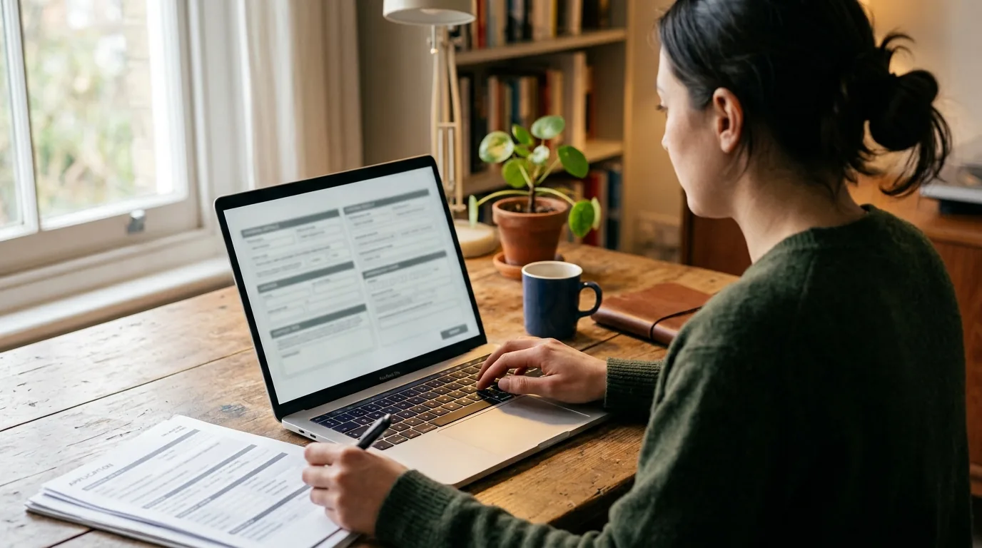 Mulher preenchendo formulário de cadastro online no laptop com documento e caneta na mão em home office