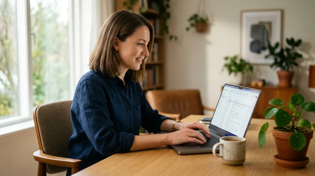 Profissional trabalhando no laptop com caixa de email aberta na tela em home office iluminado