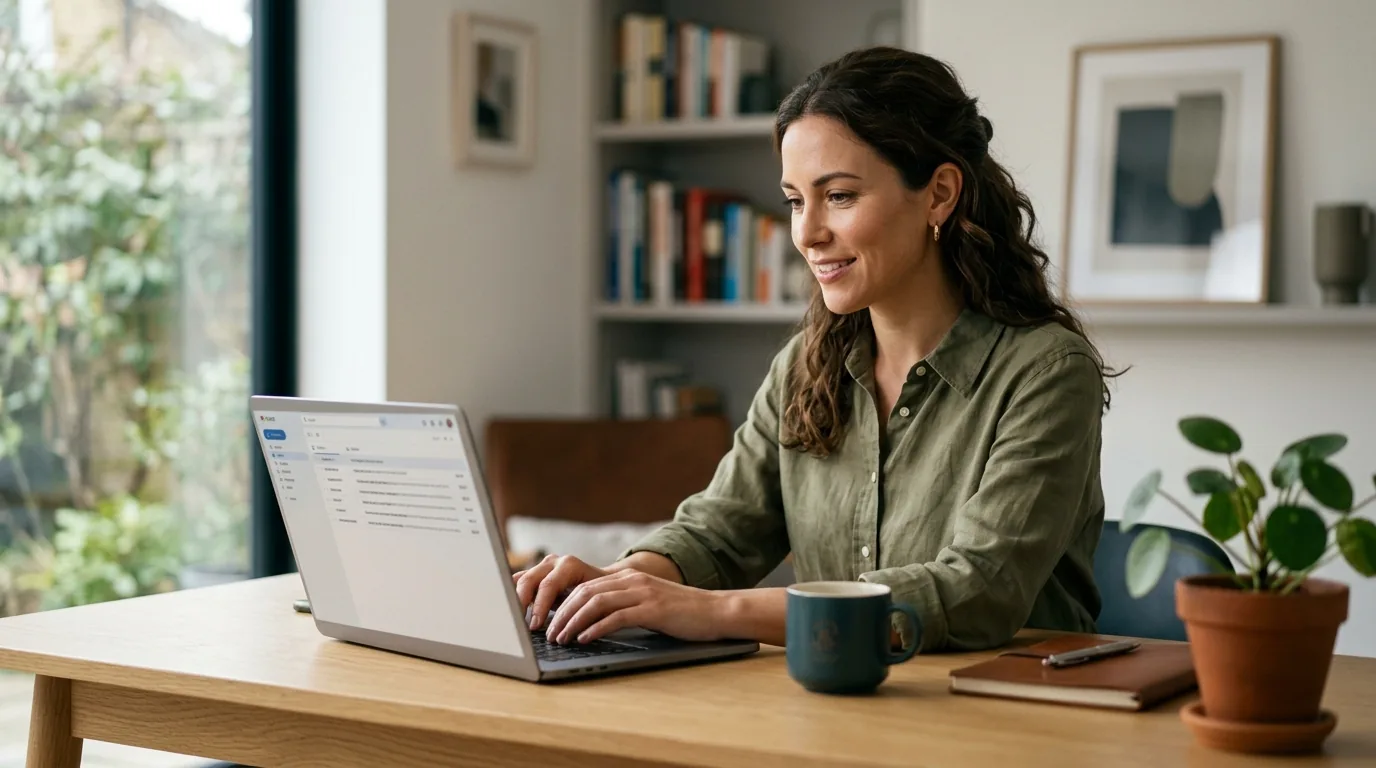 Profissional usando laptop em mesa organizada de home office com planta e café