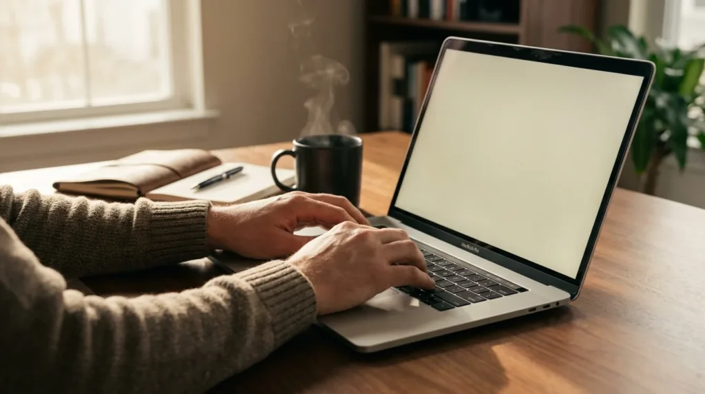 Mãos digitando um email formal em um laptop sobre mesa de madeira com xícara de café ao lado, luz natural de home office