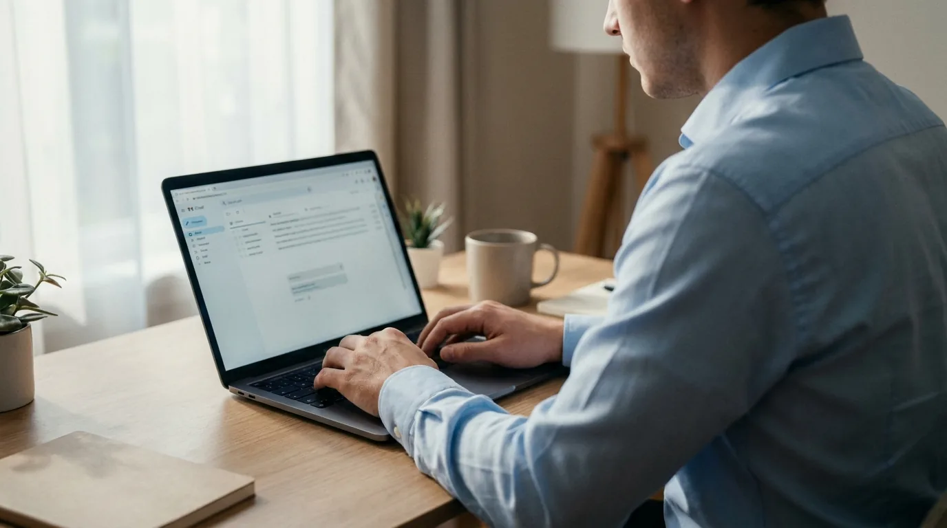 Profissional de camisa social escrevendo um email no laptop, visão sobre o ombro em home office iluminado por luz natural