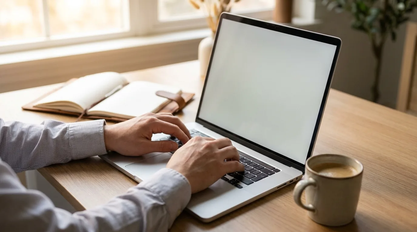Pessoa digitando email em laptop de tela em branco, com caderno aberto e café sobre mesa de madeira em home office