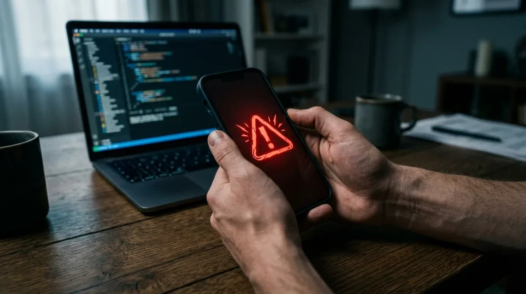 Mãos segurando um celular com alerta vermelho de aviso na tela ao lado de laptop em home office