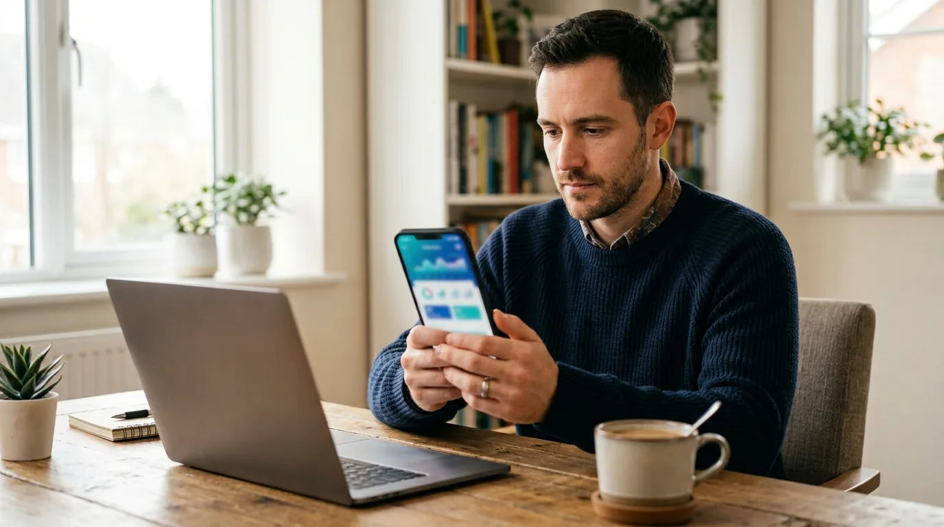 Pessoa conferindo com atenção uma tela de pagamento no celular em mesa de home office iluminada