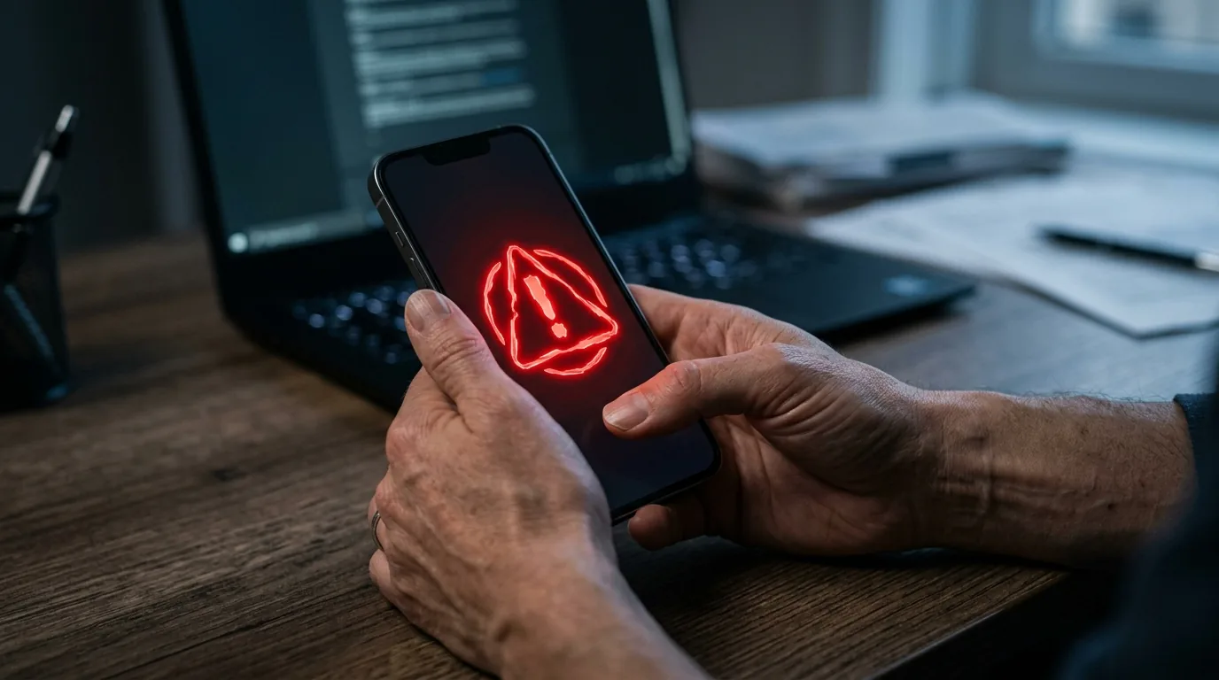 Mãos segurando smartphone com símbolo de alerta vermelho diante de laptop em ambiente escuro
