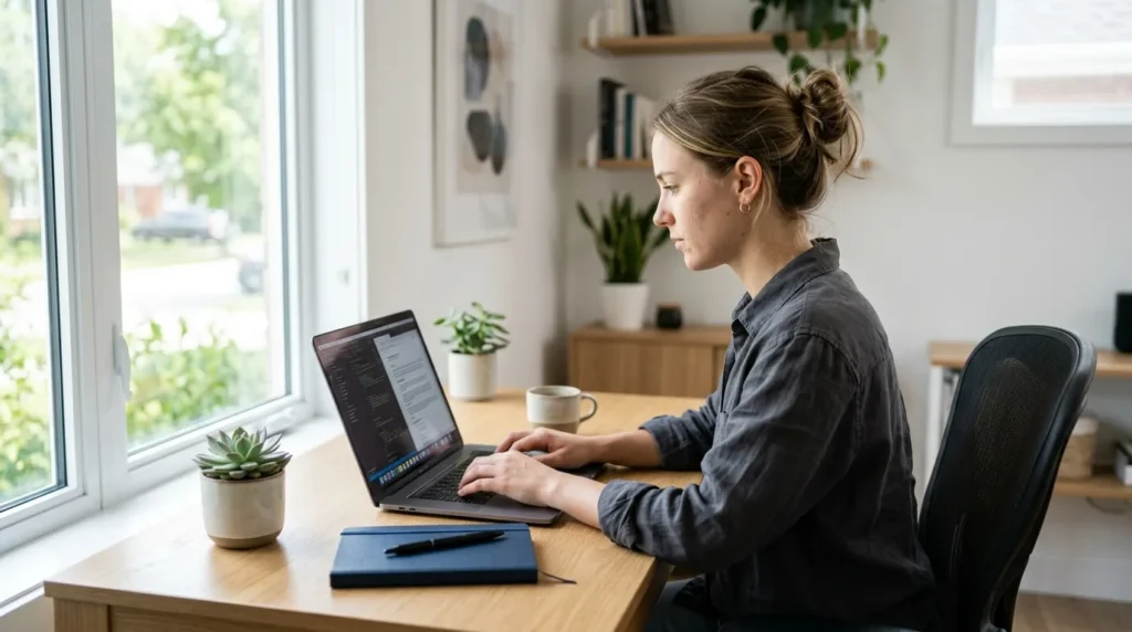 Profissional trabalhando de forma produtiva em um home office iluminado