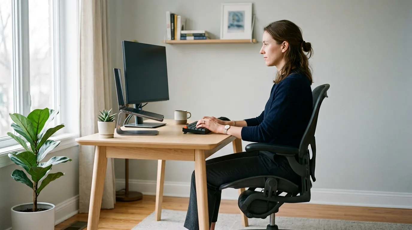 Pessoa sentada com boa postura em uma cadeira ergonomica no home office