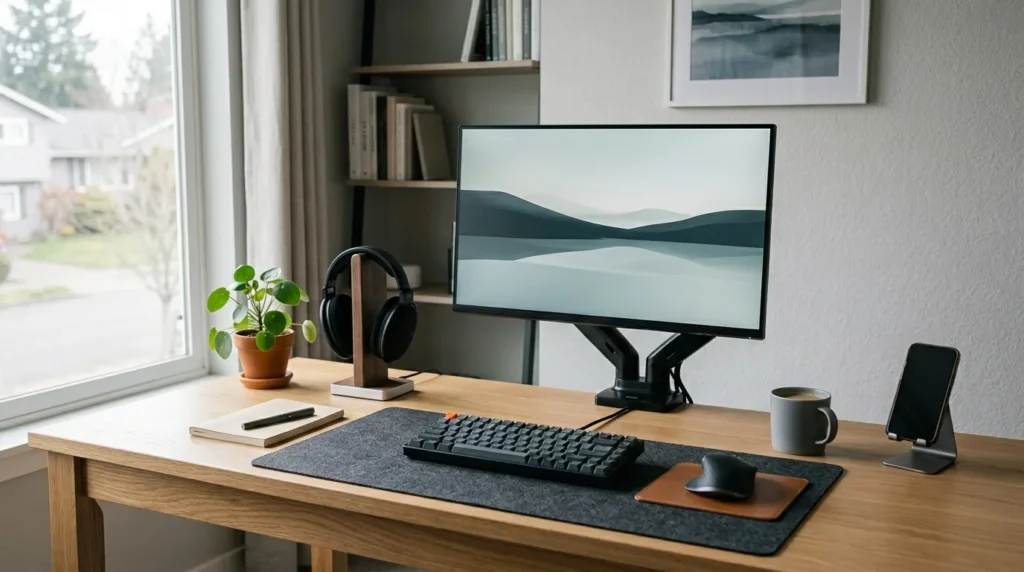 Home office completo e organizado com mesa, cadeira ergonomica, monitor e boa iluminacao