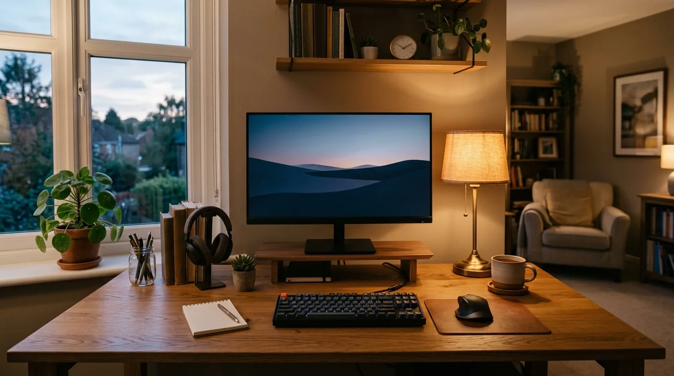 Escritorio em casa com luminaria lateral e luz suave para evitar cansaco visual