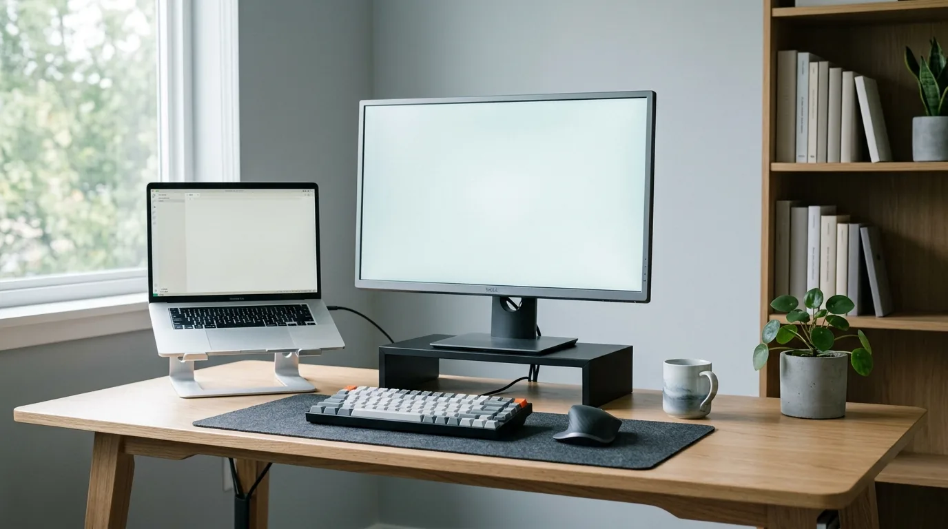 Mesa de home office com monitor na altura dos olhos e notebook em suporte