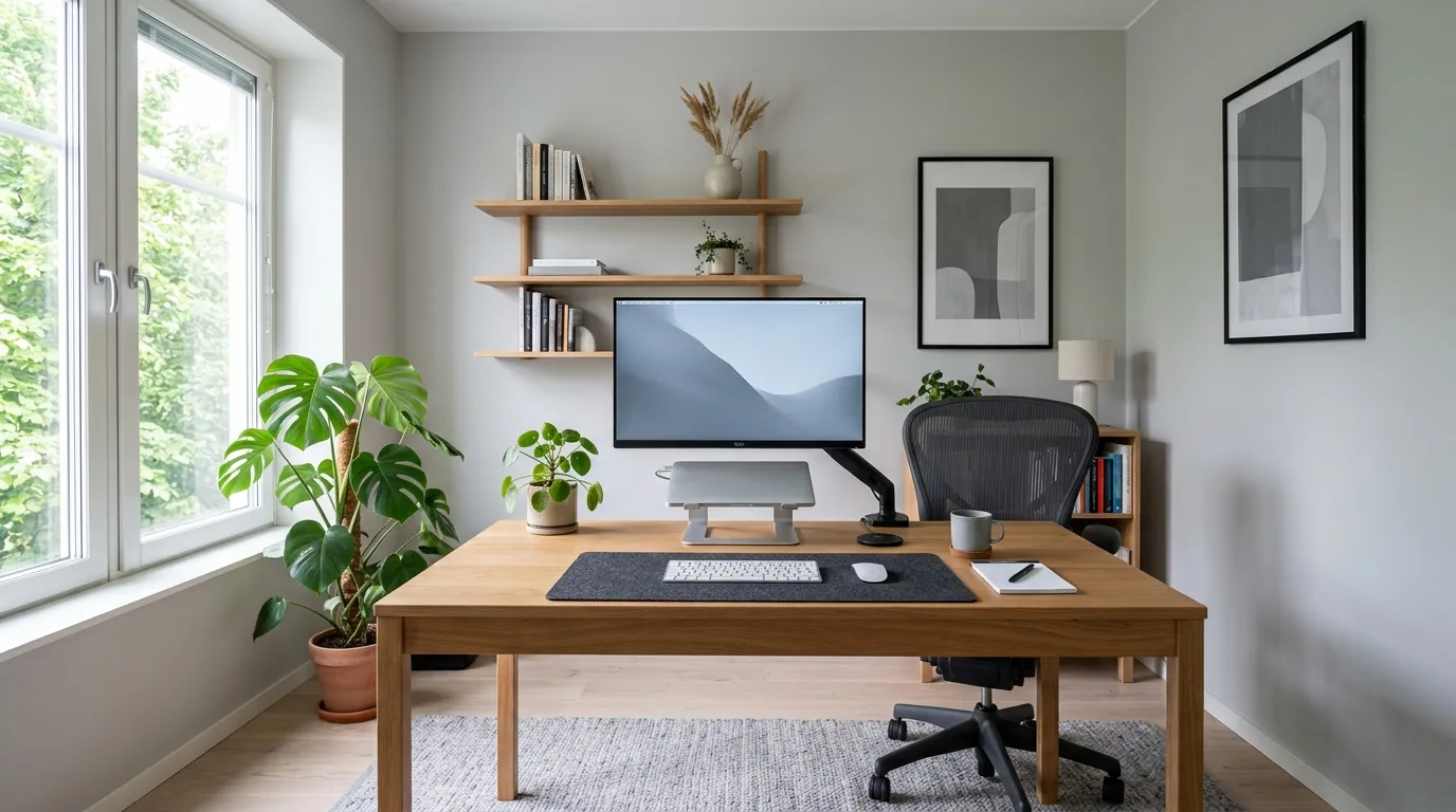 Mesa de trabalho organizada com cabos arrumados e espaco limpo