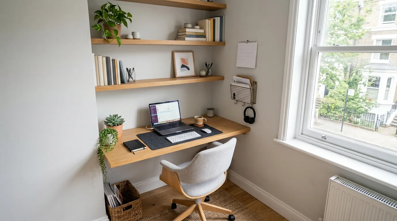 Home office compacto montado no canto de um ambiente com prateleiras