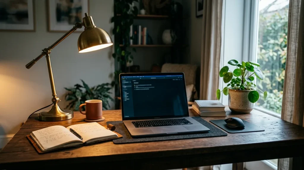 Mesa de home office iluminada por luminária de mesa quente à esquerda e luz natural fria da janela à direita
