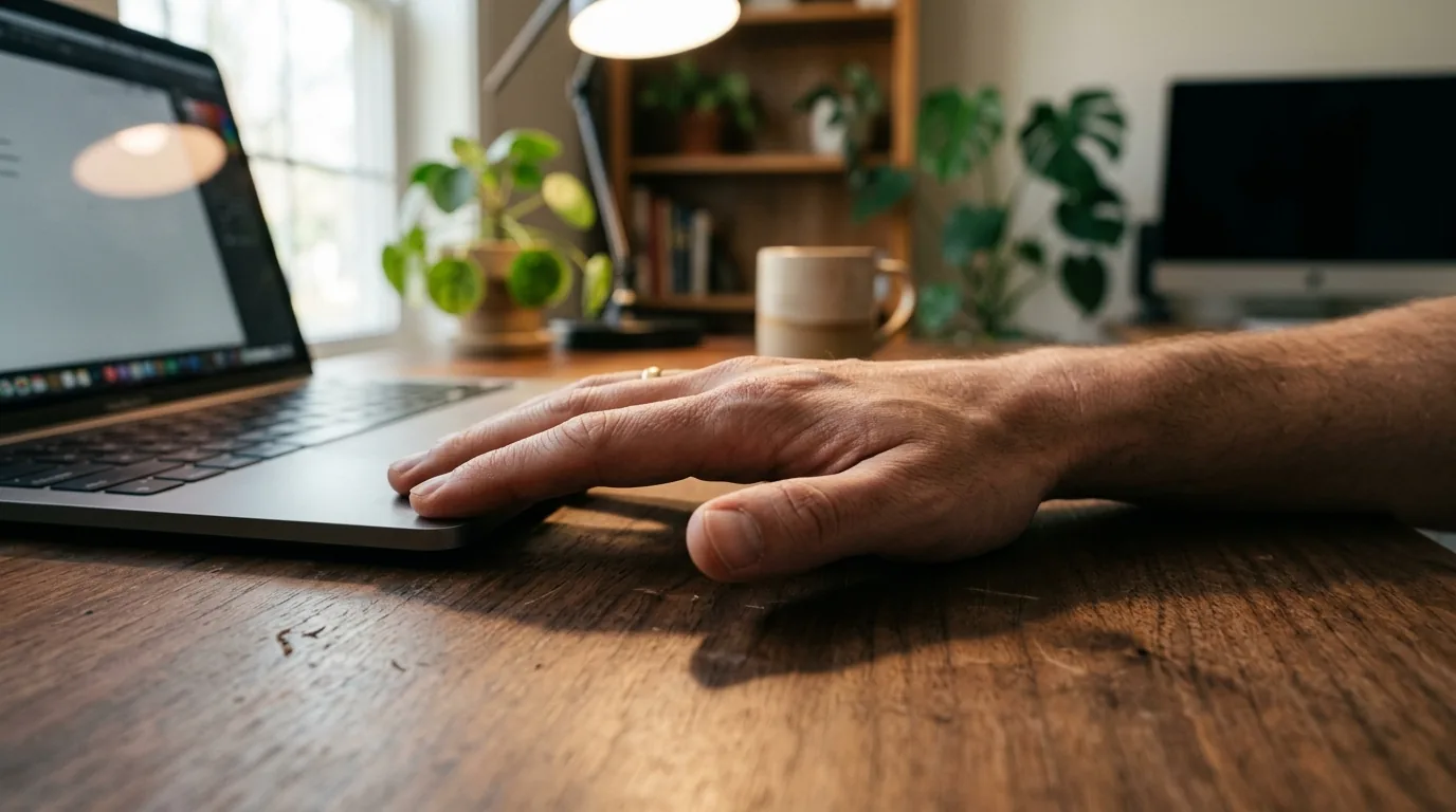Mão apoiada sobre mesa de madeira ao lado de laptop projetando sombra definida testando direção da luz