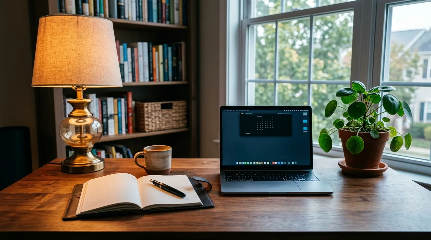 Mesa de escritório com luminária acesa, caderno, café e laptop em contraste com luz natural da janela