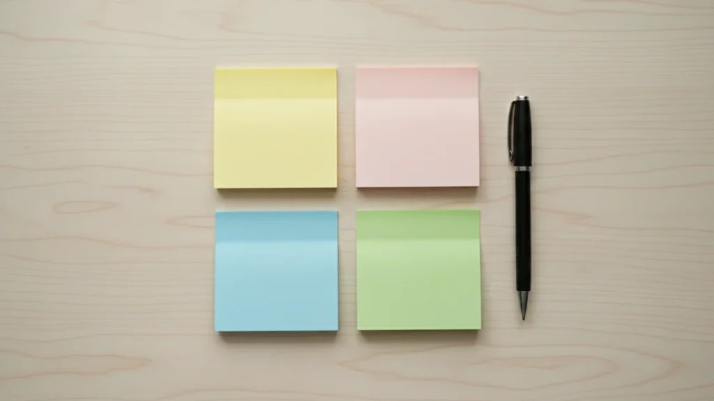 Quatro post-its coloridos em branco dispostos em grade dois por dois ao lado de uma caneta