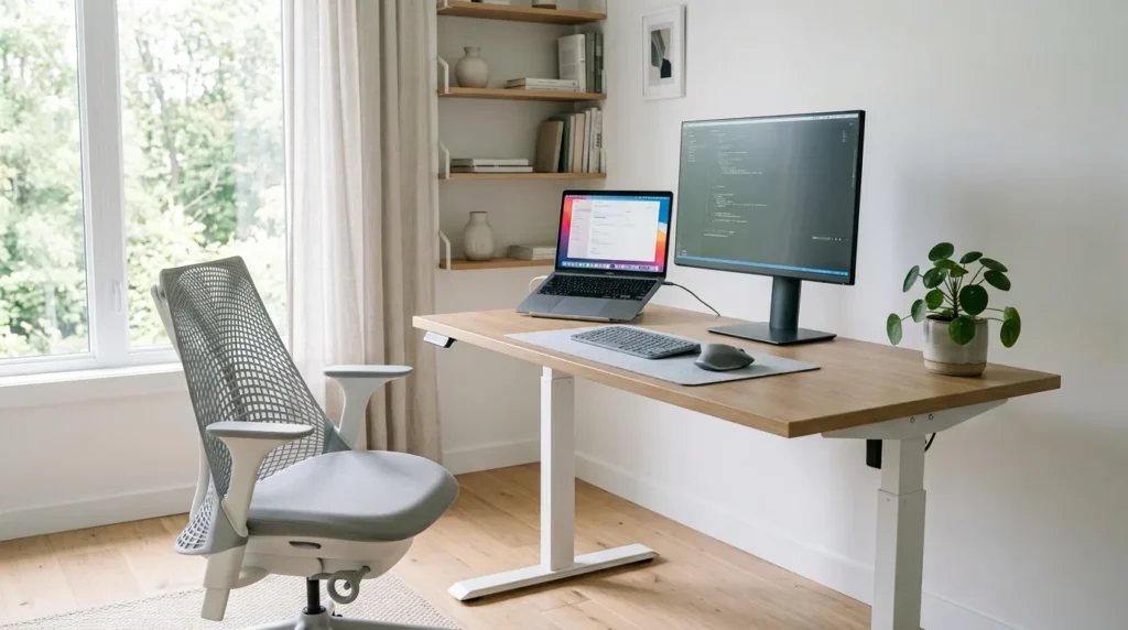 Mesa em pe de altura ajustavel em um home office iluminado