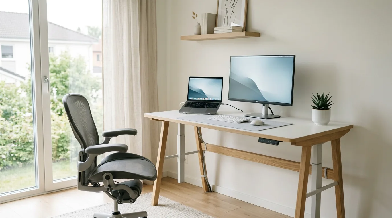 Estacao de trabalho com mesa regulavel e cadeira no home office