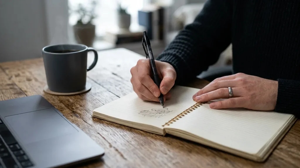 Maos anotando metas e uma lista em um caderno sobre a mesa