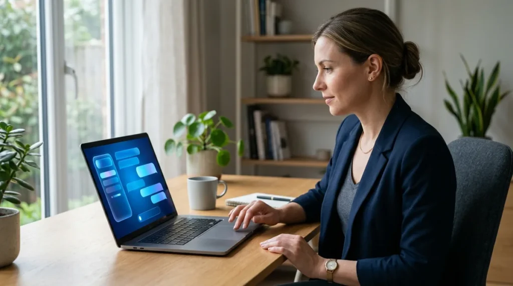 Mulher usando o modo IA do Google no laptop em um home office, pesquisando com inteligência artificial