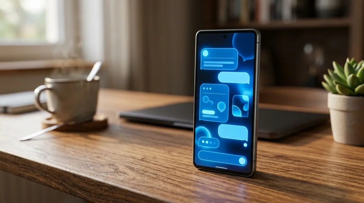 Smartphone sobre a mesa exibindo a interface de conversa do modo IA do Google