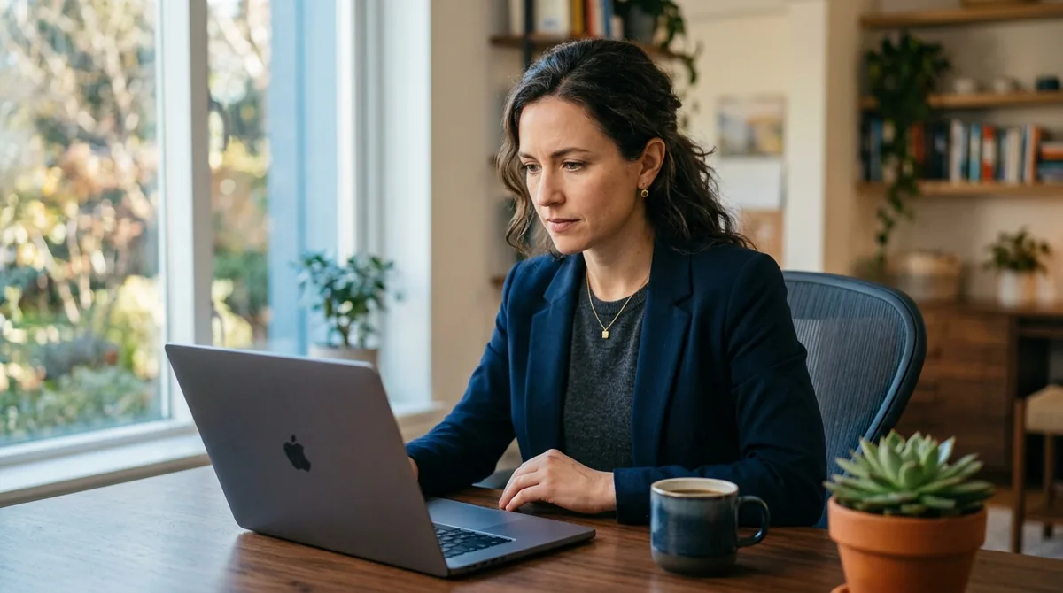 Profissional avaliando com atenção a resposta da inteligência artificial na tela do laptop