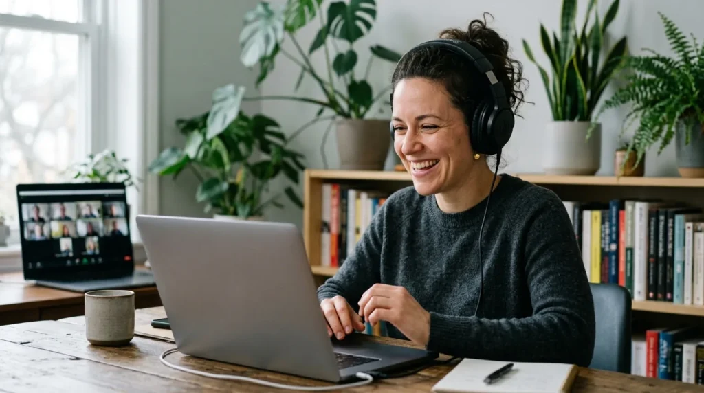 Profissional sorrindo durante uma reuniao online no home office