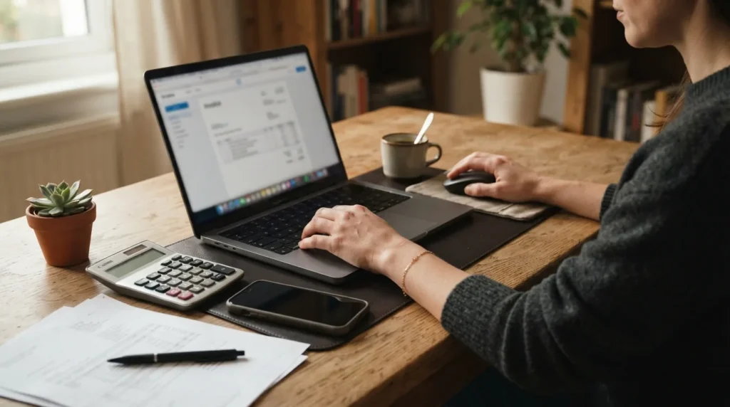 Pessoa emitindo nota fiscal no laptop ao lado de calculadora e papéis em mesa de home office