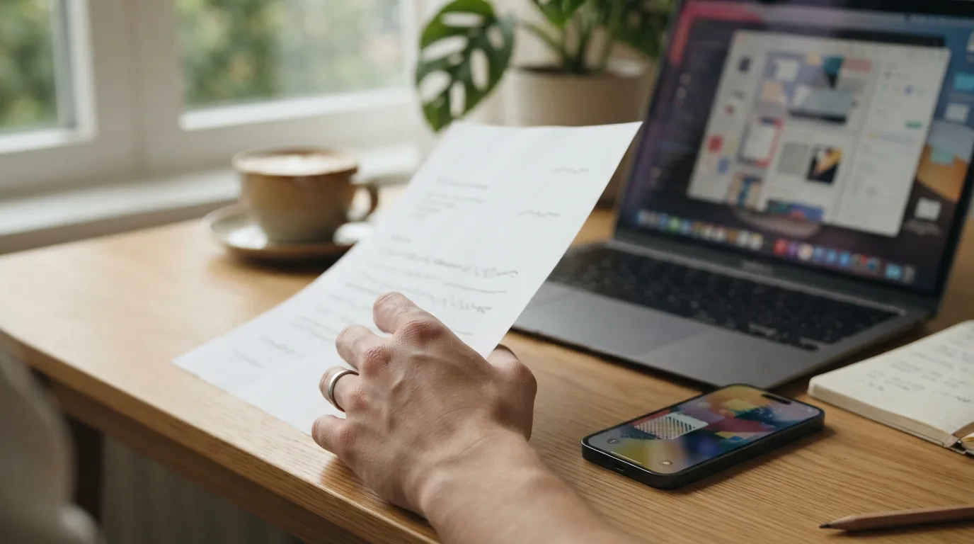Mão segurando documento impresso ao lado de laptop e celular sobre mesa de madeira