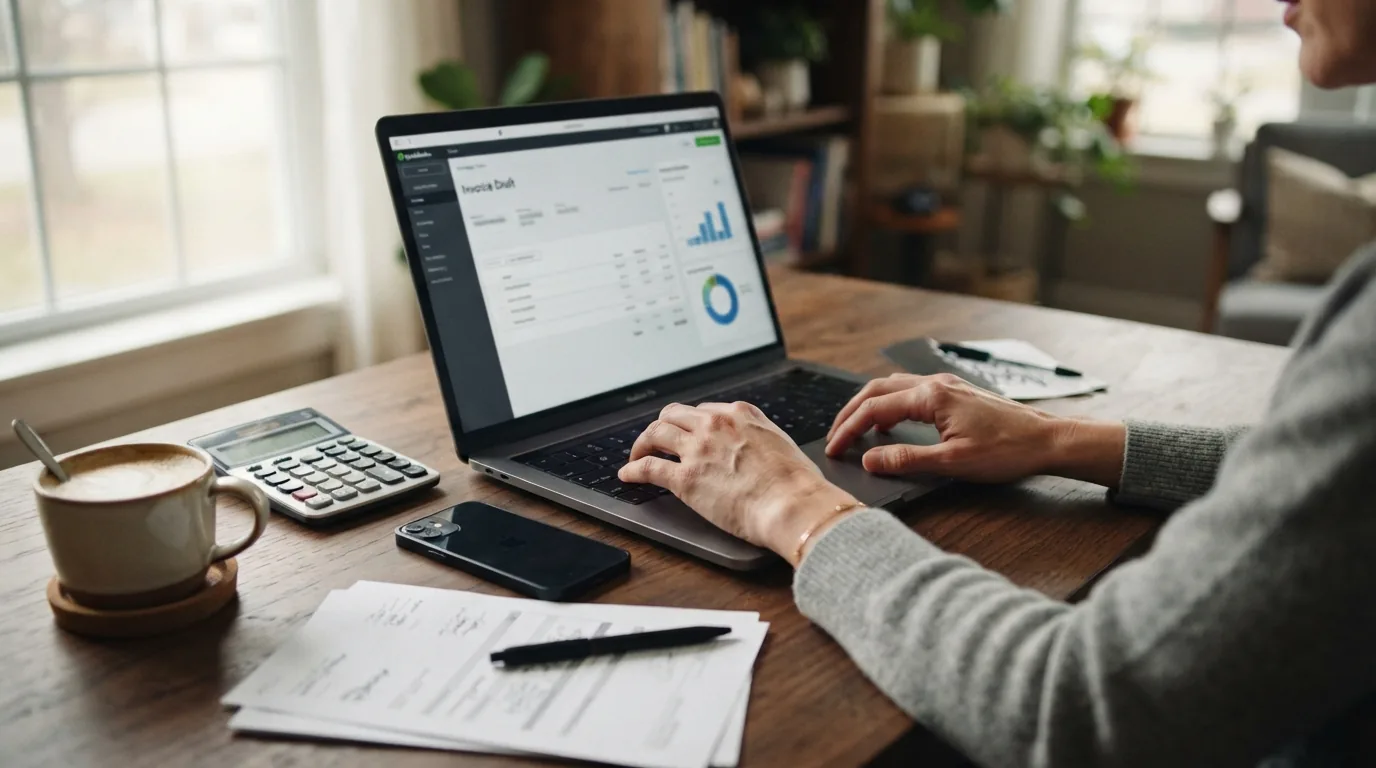 Pessoa calculando valores no laptop com calculadora e papéis em home office