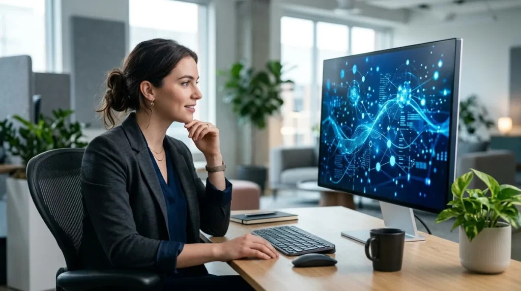 Profissional observando uma visualização de inteligência artificial na tela, entendendo IA no trabalho