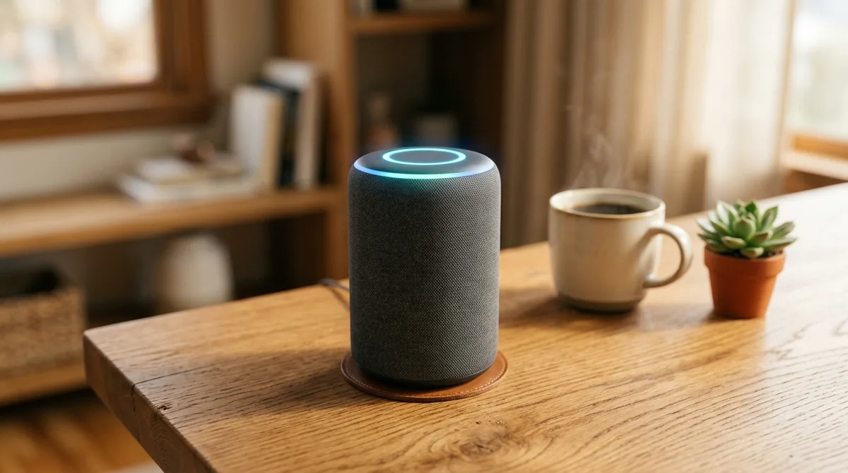 Assistente de voz inteligente sobre a mesa, exemplo de inteligência artificial no dia a dia