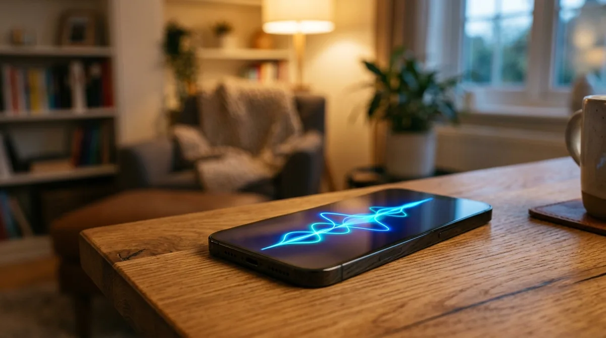 Celular exibindo a onda sonora de um assistente de voz com inteligência artificial