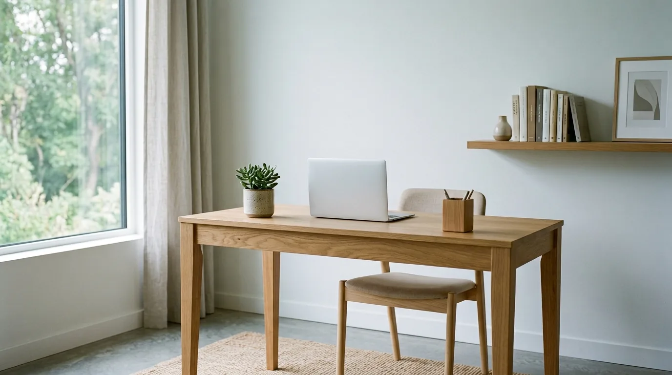 Home office minimalista e organizado com luz natural