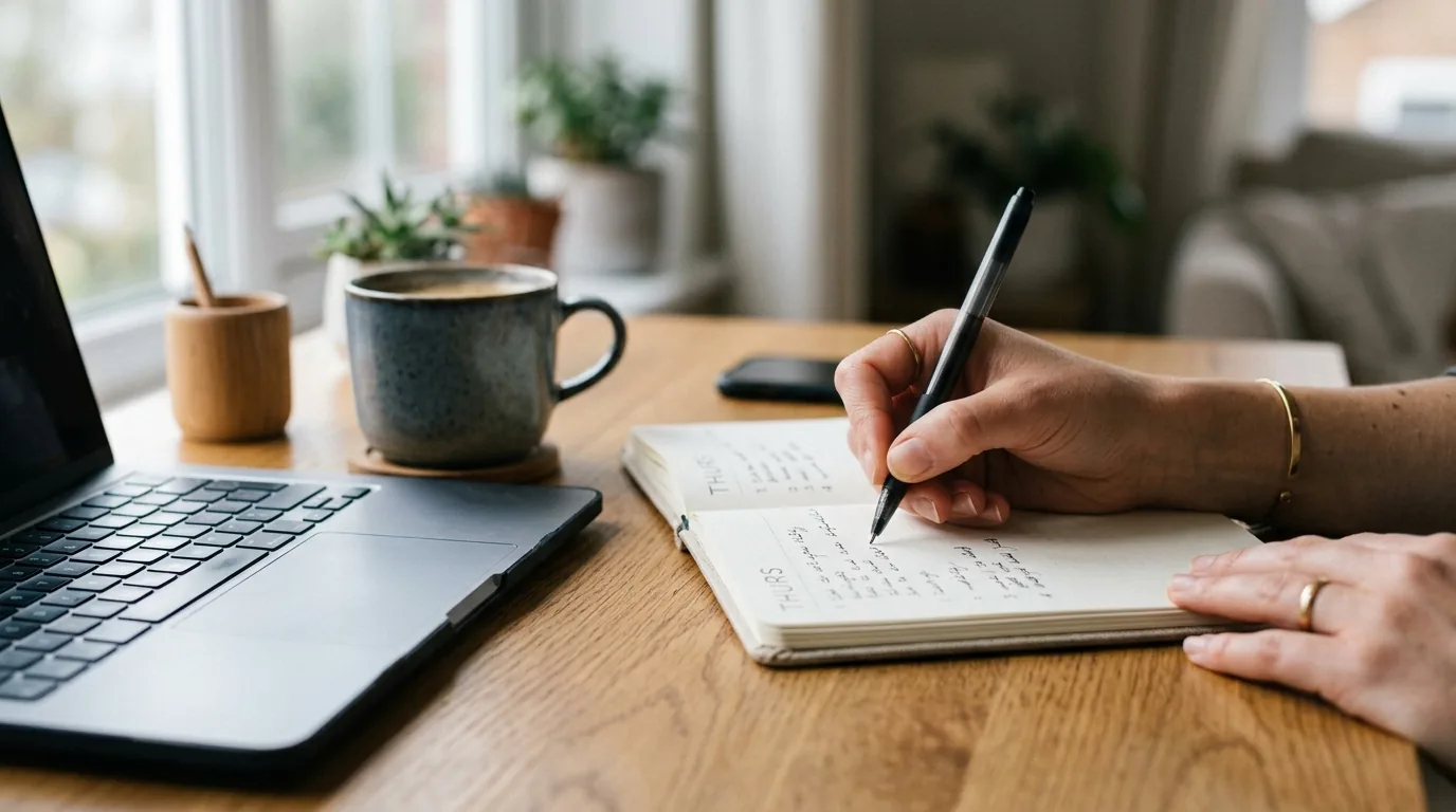 Maos anotando as prioridades do dia em um planner sobre a mesa