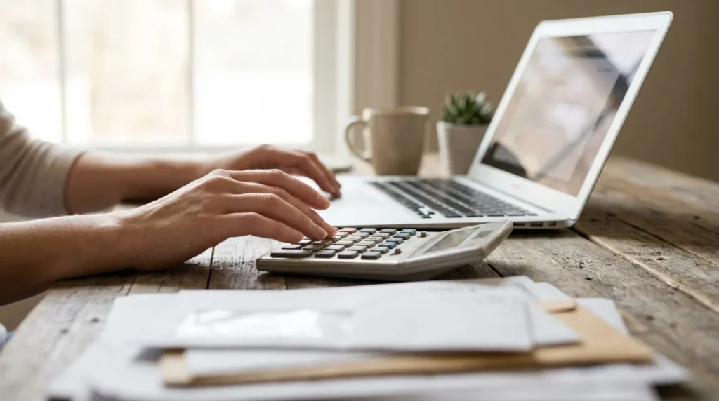 Mãos calculando despesas em calculadora ao lado de laptop e papéis desfocados sobre mesa de madeira rústica