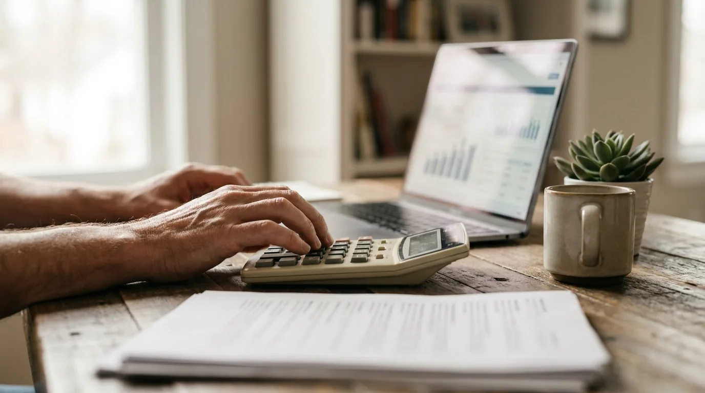 Mãos usando calculadora com laptop mostrando gráfico de barras abstrato ao fundo em home office