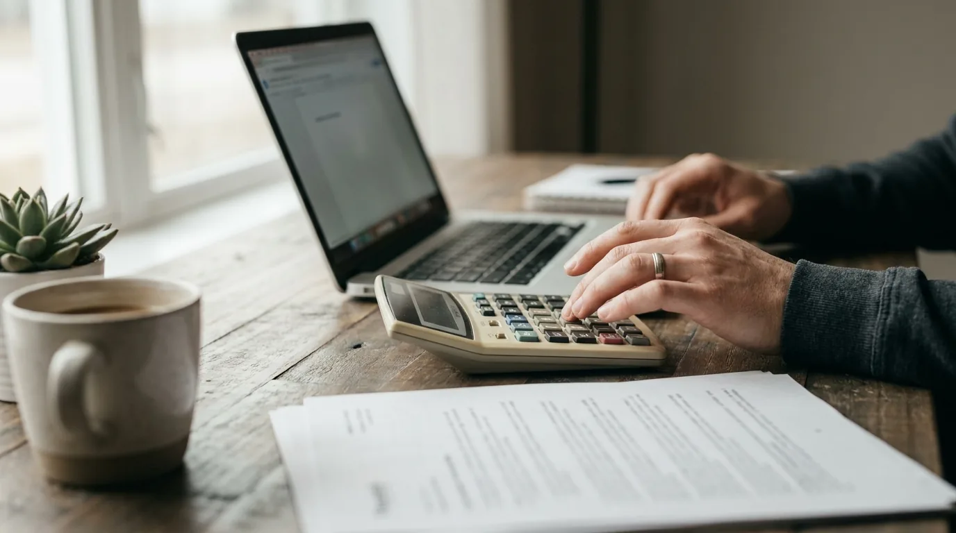Mãos digitando em calculadora ao lado de laptop aberto e xícara de café sobre mesa de madeira