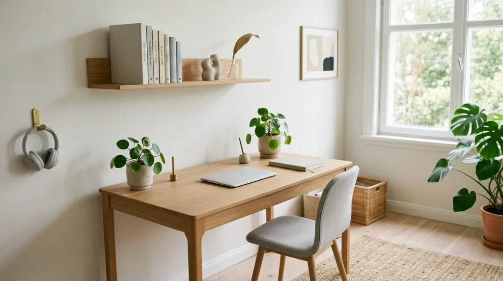 Mesa de home office organizada e minimalista