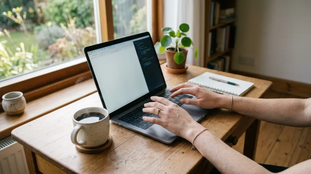 Maos digitando no notebook ao lado do cafe no inicio da rotina de trabalho em casa