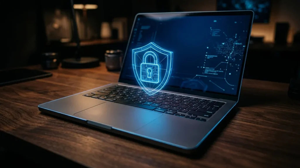 Laptop com um cadeado e escudo digital azul, representando privacidade e segurança ao usar IA